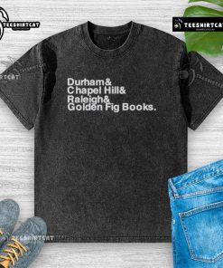 Official Durham Chapel Hill Raleigh Golden Fig Books washed t-shirt in soft cotton, perfect for book lovers and casual wear.