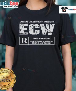 Official ECW Rated R Restricted Under 17 logo on a ladies tee, perfect for wrestling fans and casual wear.