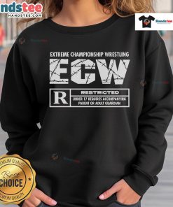 Official ECW Rated R Restricted Under 17 Logo Sweatshirt featuring bold graphics and a stylish design for wrestling fans.