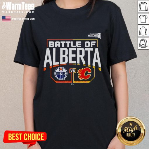 Official Edmonton Oilers vs Calgary Flames 2022 Stanley Cup Playoffs ladies tee showcasing the Battle of Alberta.