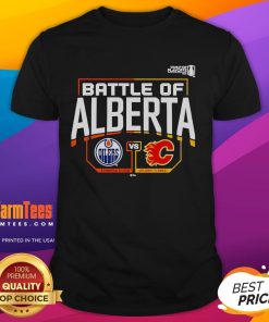 Alt Text: Official Edmonton Oilers vs Calgary Flames 2022 Stanley Cup Playoffs Battle of Alberta T-Shirt design featuring team logos.