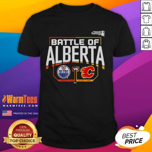 Alt Text: Official Edmonton Oilers vs Calgary Flames 2022 Stanley Cup Playoffs Battle of Alberta T-Shirt design featuring team logos.