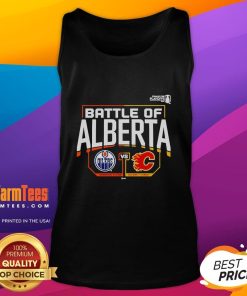 Official Edmonton Oilers vs Calgary Flames 2022 Stanley Cup Playoffs Battle of Alberta tank top design featuring team logos.