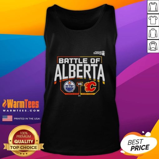Official Edmonton Oilers vs Calgary Flames 2022 Stanley Cup Playoffs Battle of Alberta tank top design featuring team logos.