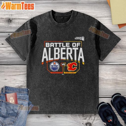 Alt Text: Official Edmonton Oilers vs Calgary Flames 2022 Stanley Cup Playoffs Battle of Alberta washed t-shirt design.