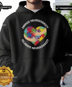 Embrace and celebrate neurodiversity hoodie featuring a puzzle heart design and hug graphic for awareness.