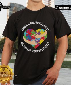 Alt Text: Official Embrace Celebrate Neurodiversity Puzzle Heart Hug Awareness T-Shirt design featuring colorful puzzle pieces.