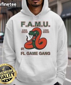 Official F.A.M.U. Liar Back FL Game Gang Rattle The Game Hoodie featuring a stylish design and vibrant colors.