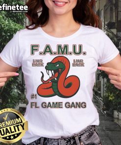 Official F.A.M.U. Liar Back FL Game Gang Rattle Tee for ladies featuring vibrant graphics and comfortable fit.