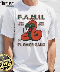 Official F.A.M.U Liar Back Fl Game Gang Rattle The Game T-Shirt featuring vibrant graphics and a stylish design.