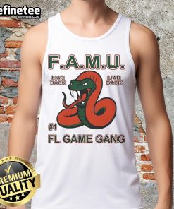 Official F.A.M.U. Liar Back FL Game Gang Rattle Tank Top featuring a stylish design for fans and gamers.