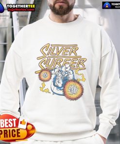 Alt Text: Official Fantastic Four Silver Surfer sweatshirt featuring vibrant graphics and a cozy design for fans and collectors.