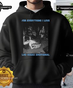 Alt Text: Emotional hoodie from Official February collection, featuring 'For Everything I Love' design inspired by Las Vegas.