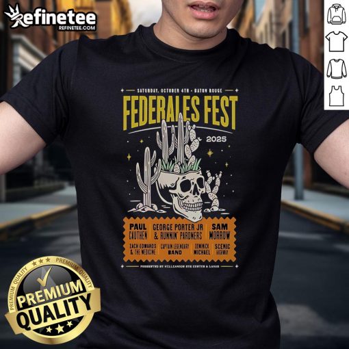 Alt Text: Official Federales Fest Party Event T-Shirt, Baton Rouge LA, October 4, 2025, featuring vibrant festival graphics.