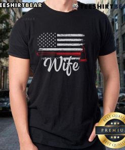 Alt Text: Official Firefighter Wife T-Shirt featuring an American flag and a fire axe design, perfect for proud firefighter spouses.