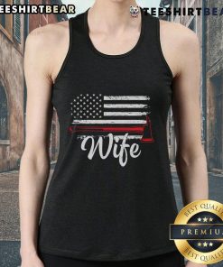 Official Firefighter Wife tank top featuring an American flag and fire axe design, perfect for proud firefighter spouses.