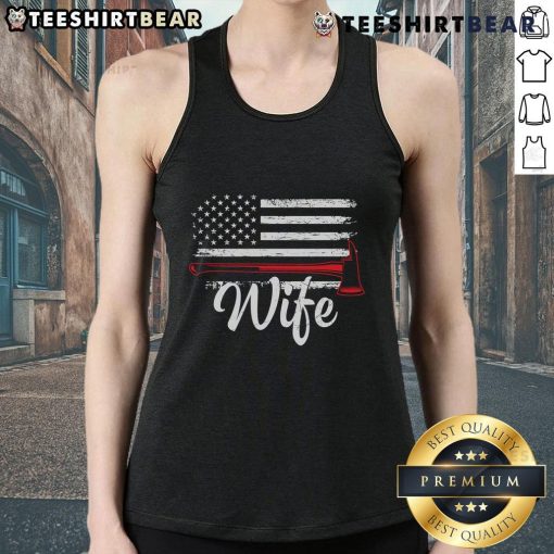 Official Firefighter Wife tank top featuring an American flag and fire axe design, perfect for proud firefighter spouses.