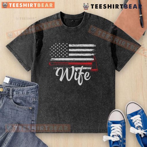 Official Firefighter Wife t-shirt featuring America flag design and fire axe graphic, perfect for proud firefighter spouses.