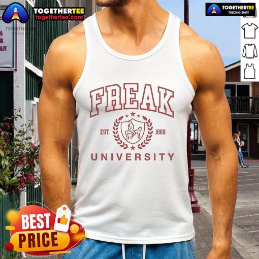 Official Freak University Est 1869 tank top featuring a stylish design, perfect for casual wear and school spirit.
