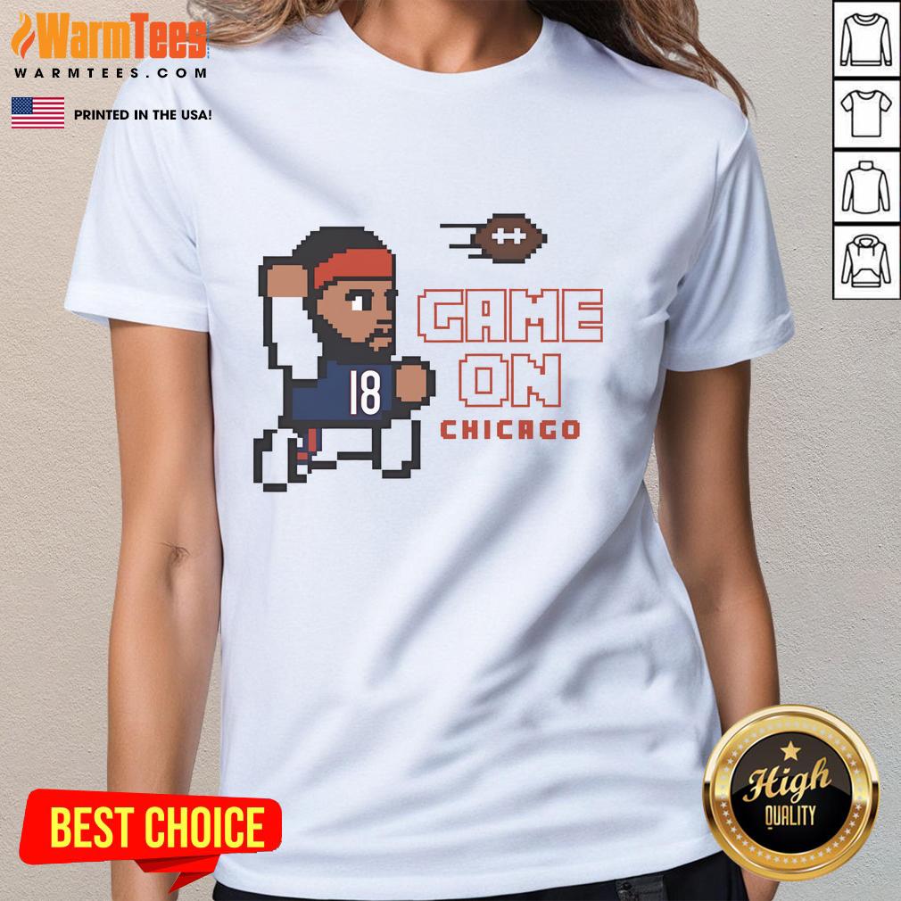 Official Game On Caleb Williams Chicago Bears 8 Bit Ladies Tee 8-bit graphic tee featuring Caleb Williams, perfect for Chicago Bears fans. Official Game On design for ladies.