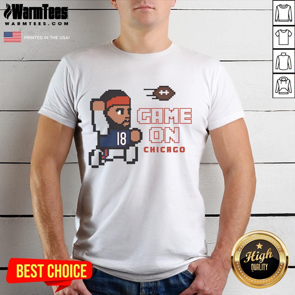Official Game On Caleb Williams Chicago Bears 8 Bit T Shirt Alt Text: Official Game On Caleb Williams Chicago Bears 8-Bit T-Shirt featuring retro design and team colors for fans.