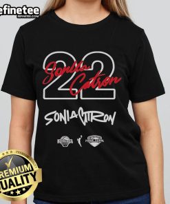 Official Georgia Amoore rocking the Sonia Citron '22 Ladies Tee in a stylish pose, showcasing vibrant team spirit.