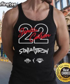 Alt Text: Georgia Amoore confidently wears the Sonia Citron '22 tank top, showcasing a stylish athletic look for fans.