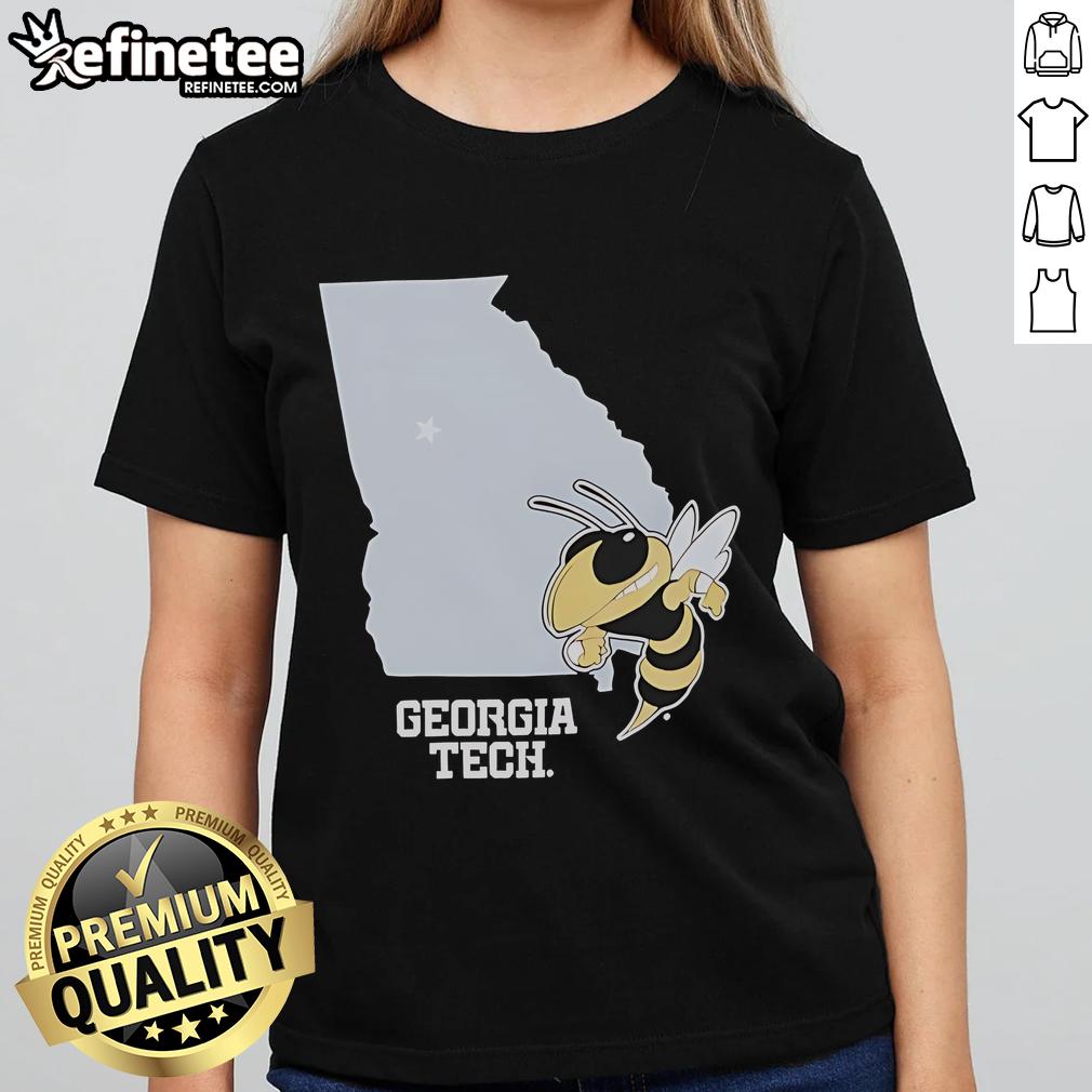 Official Georgia Tech Yellow Jackets Buzz Georgia Ladies Tee Alt Text: Official Georgia Tech Yellow Jackets Buzz graphic on a stylish ladies tee, perfect for fans and casual wear.