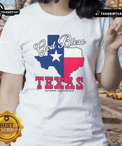 Alt Text: Official God Bless Texas ladies tee supporting Texas flood relief efforts with vibrant design and message.