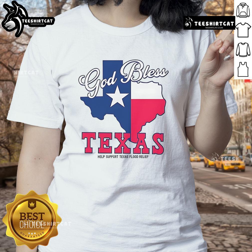 Official God Bless Texas Help Support Texas Flood Relief Ladies Tee Alt Text: Official God Bless Texas ladies tee supporting Texas flood relief efforts with vibrant design and message.