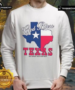 Official God Bless Texas sweatshirt supporting Texas flood relief efforts, featuring bold graphics and comfortable fit.