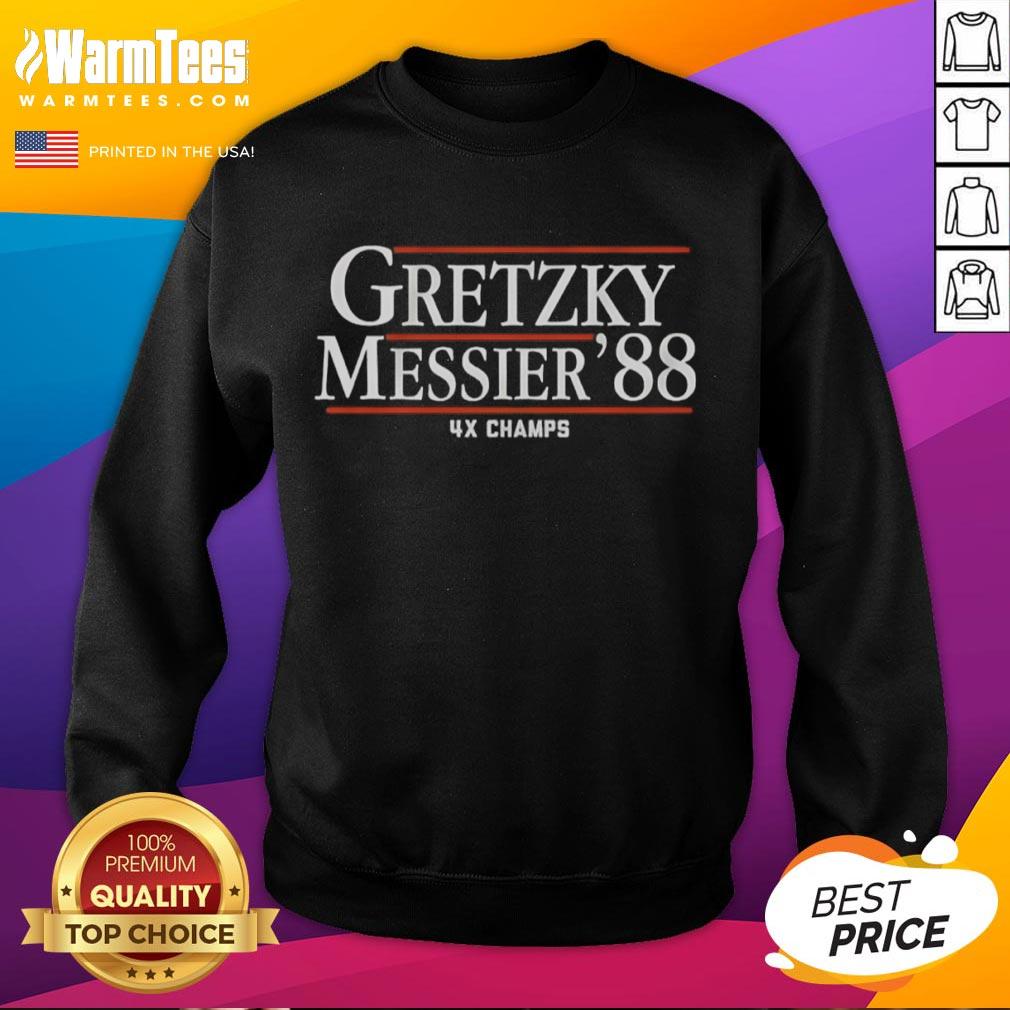 Official Gretzky Messier '88 4X Champs Sweatshirt Official Gretzky Messier 88 4x Champs sweatshirt featuring iconic hockey legends' graphics and championship details.