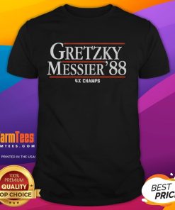 Alt Text: Official Gretzky Messier '88 4X Champs T-Shirt featuring iconic players and championship celebration graphics.