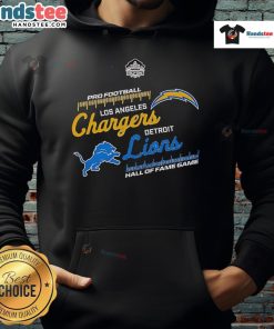 2025 Hall of Fame Game hoodie featuring Los Angeles Chargers vs. Detroit Lions design, perfect for football fans.