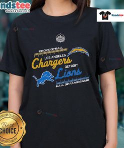 2025 Official Hall of Fame Game ladies tee featuring Los Angeles Chargers vs. Detroit Lions, perfect for fans.