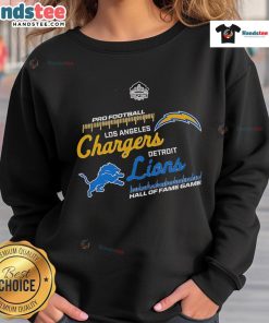 2025 Official Hall of Fame Game sweatshirt featuring Los Angeles Chargers vs. Detroit Lions design, perfect for fans.