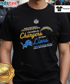 Alt Text: 2025 Hall of Fame Game T-Shirt featuring Los Angeles Chargers vs Detroit Lions design, perfect for football fans.