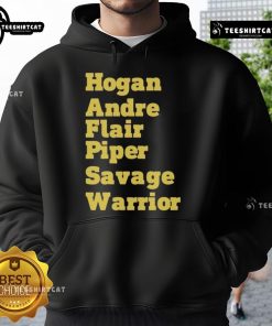Alt Text: Official Hogan Andre Flair Piper Savage Warrior Hoodie featuring iconic wrestling legends in vibrant design.