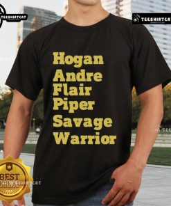 Official Hogan Andre Flair Piper Savage Warrior T-Shirt featuring iconic wrestling legends in vibrant colors.