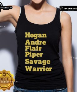 Official Hogan Andre Flair Piper Savage Warrior tank top featuring iconic wrestling legends in vibrant design.