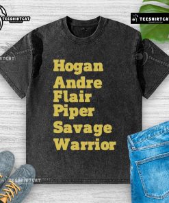 Official Hogan Andre Flair Piper Savage Warrior washed t-shirt featuring iconic wrestling legends in vibrant colors.