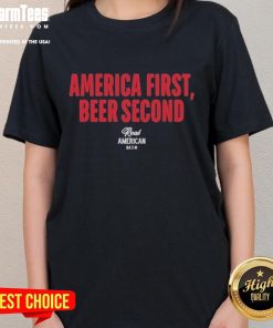 Official Hulk Hogan America First Beer Second Ladies Tee showcasing a patriotic design perfect for wrestling fans.