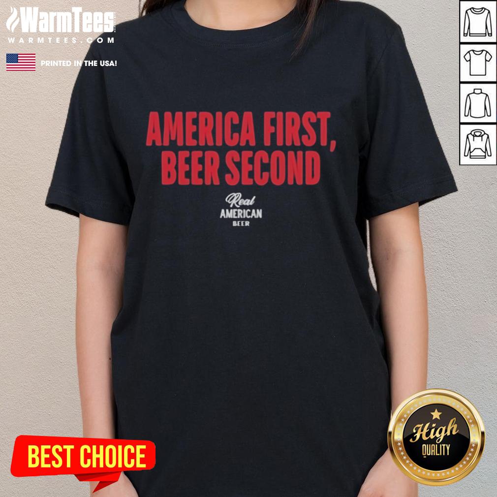 Official Hulk Hogan America First Beer Second Ladies Tee Official Hulk Hogan America First Beer Second Ladies Tee showcasing a patriotic design perfect for wrestling fans.