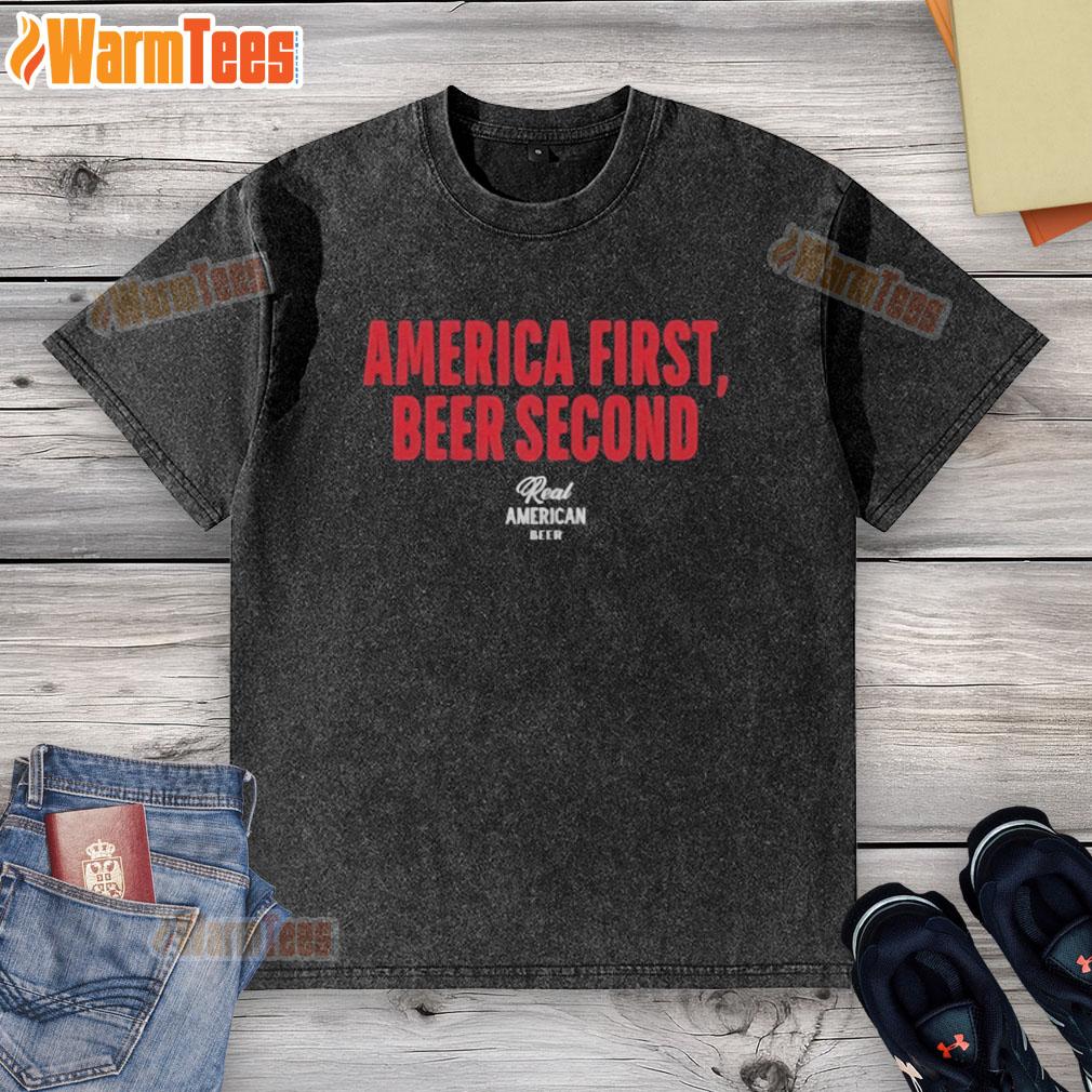 Official Hulk Hogan America First Beer Second Washed T Shirt Alt Text: Official Hulk Hogan America First Beer Second washed t-shirt featuring bold graphics and a vintage style.
