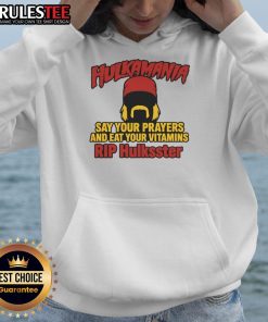 Official Hulkamania hoodie featuring 'Say Your Prayers and Eat Your Vitamins' tribute to Hulkster, perfect for wrestling fans.