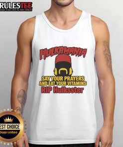 Official Hulkamania tank top featuring 'Say Your Prayers and Eat Your Vitamins' design, honoring Hulkster's legacy.