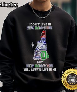 Alt Text: Cozy sweatshirt featuring I Don't Live In New Hampshire But New Hampshire Will Always Live In Me design, perfect for sports fans.