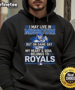 Alt Text: Cozy hoodie featuring I May Live In Missouri But On Game Day My Heart Belongs To The Kansas City Royals design.