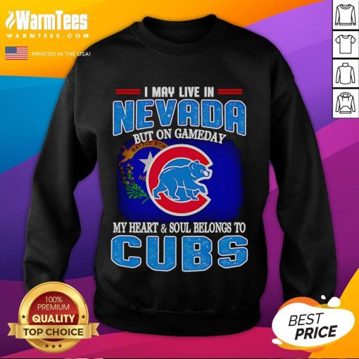 Alt Text: Chicago Cubs sweatshirt displaying pride for the team while living in Nevada on game day.