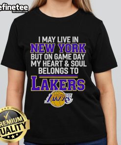 Official I May Live In New York But On Game Day My Heart & Soul Belongs To Lakers Ladies Tee in vibrant purple.